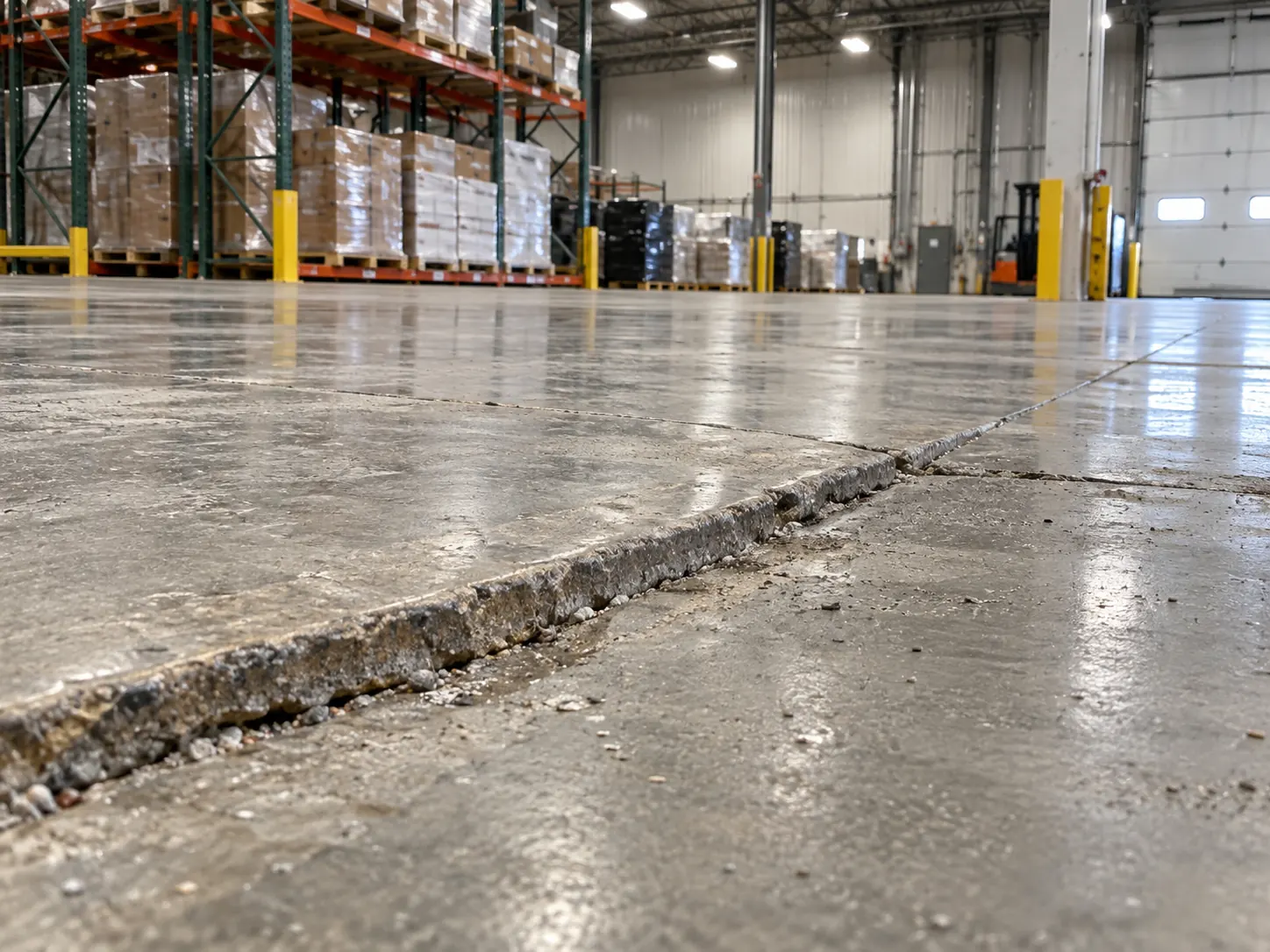Warehouse floor slab in a commercial facility with settlement at the joints
