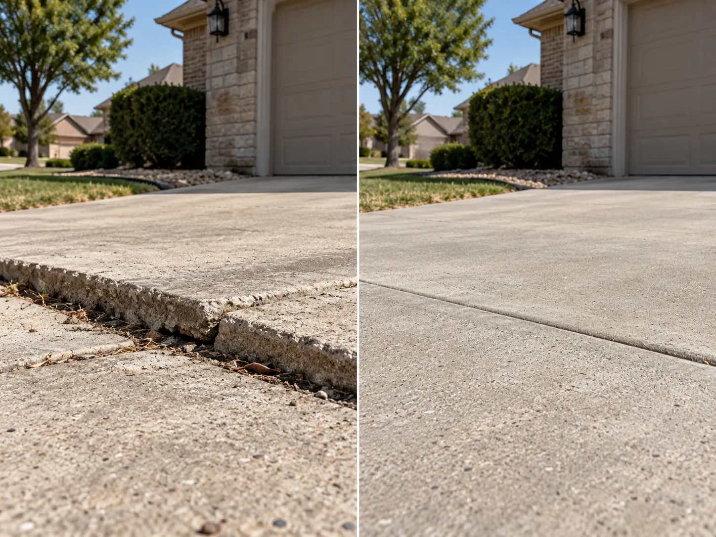 Illustrative before-and-after example of a sunken driveway slab raised by concrete leveling