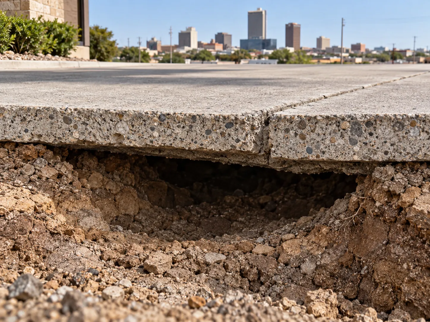 Cutaway view of a void beneath a concrete slab caused by soil washout