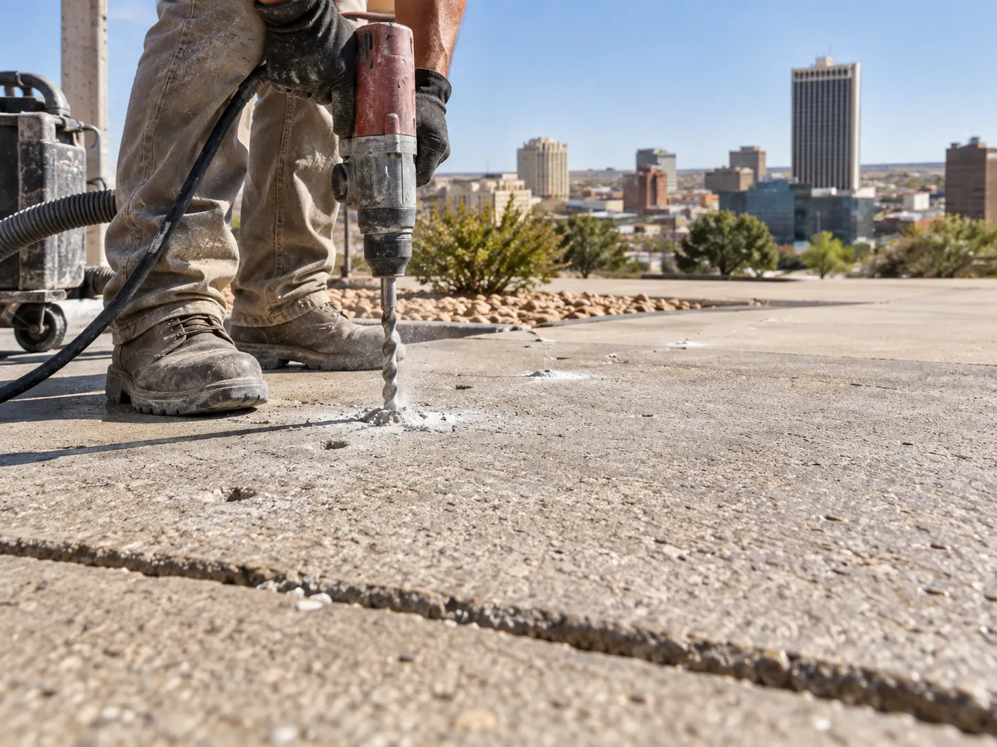 Drilling small injection holes through a settled concrete slab before lifting
