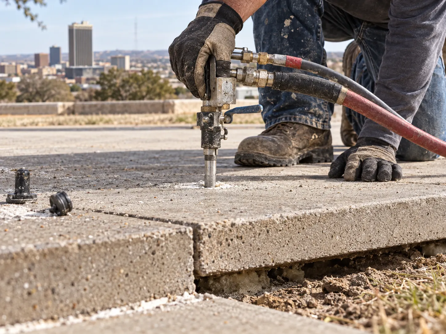 Polyurethane foam being injected beneath a concrete slab to lift it