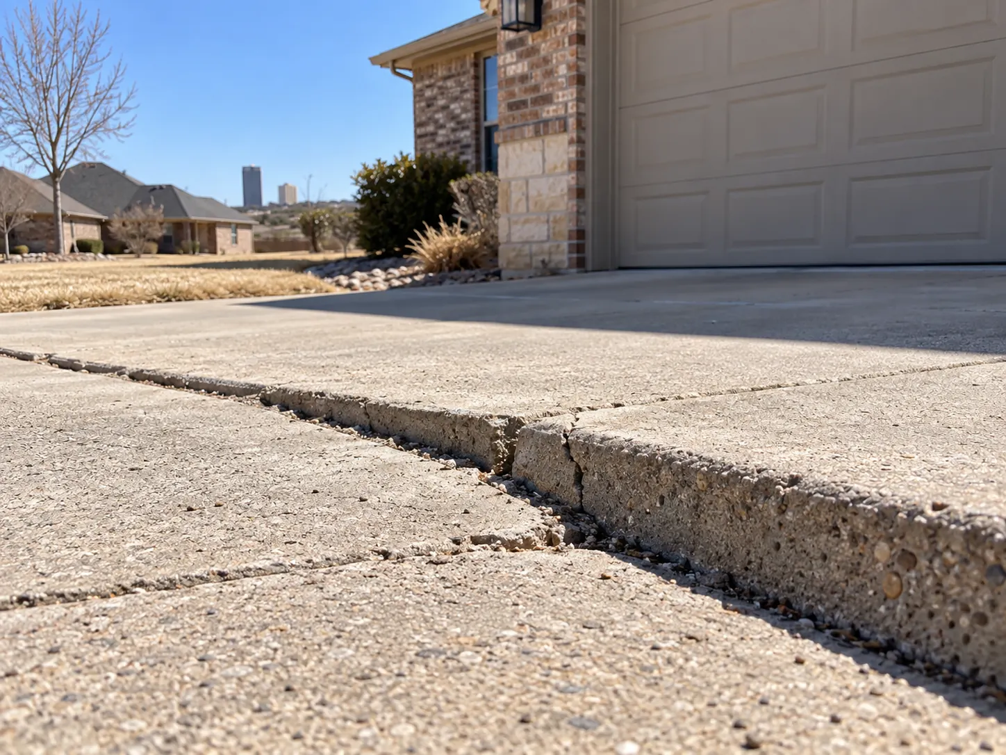 Sunken residential driveway slab with uneven concrete in Amarillo, Texas